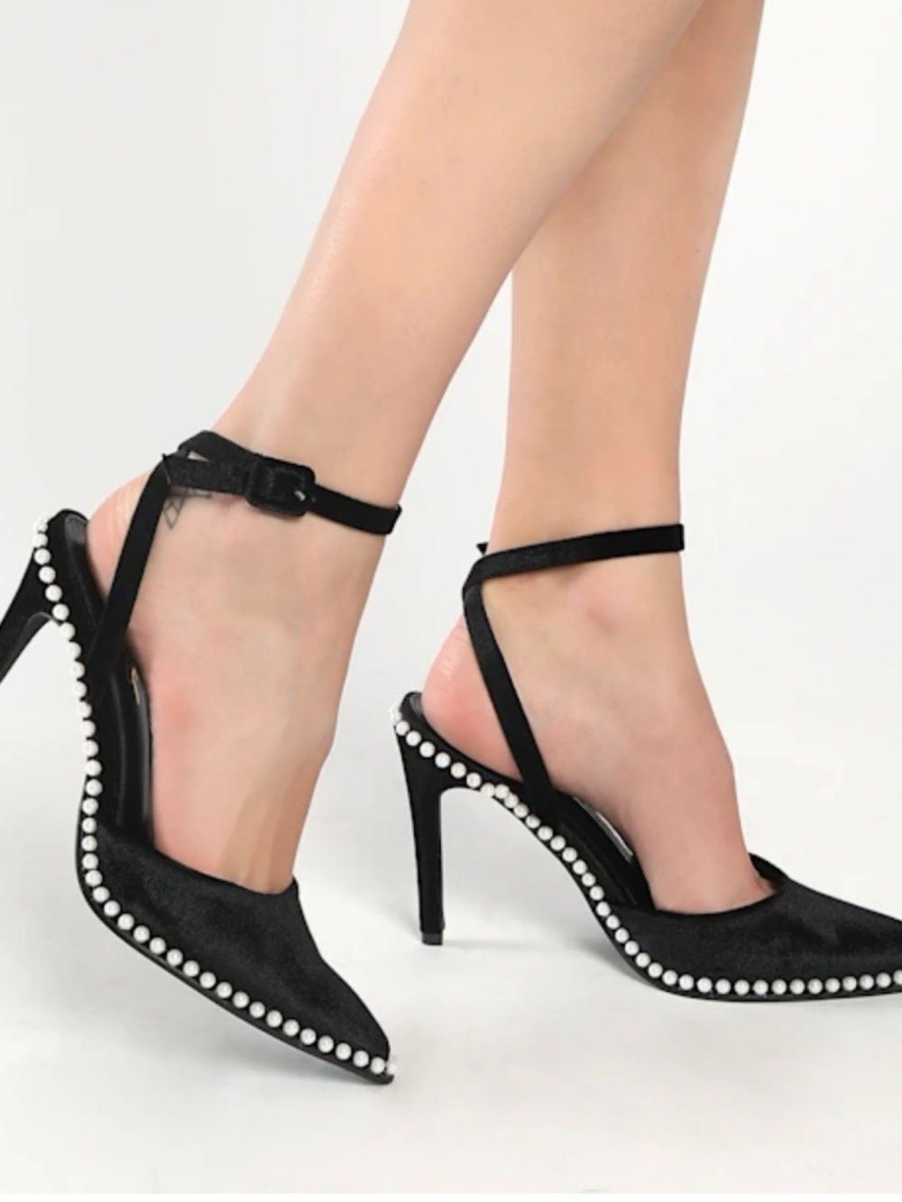 Lulu's Black Pointed Toe Pearl-Trim Slingback Heels